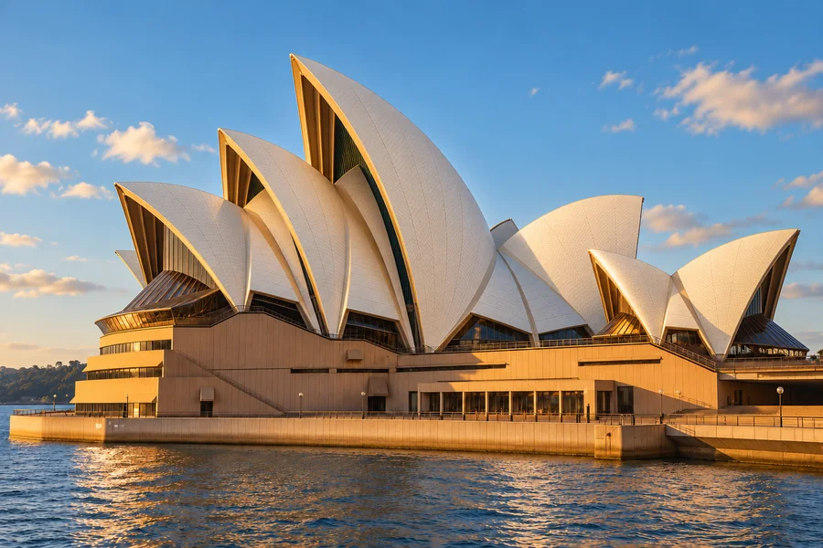 Sydney Opera House tiled shells and glass facades from a low waterfront viewpoint