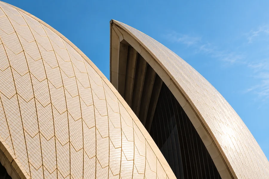 Close architectural view of the Sydney Opera House ceramic roof tiles